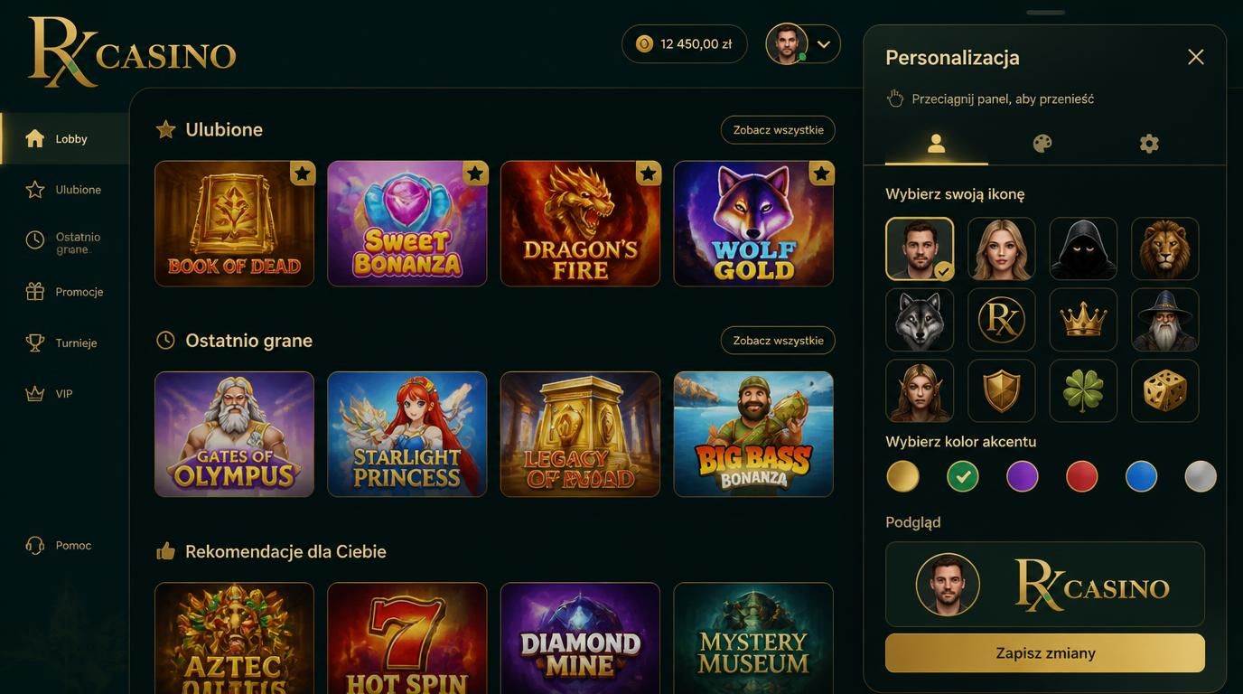 Ekran RX Casino z ulubionymi grami i sekcją ostatnio granych.