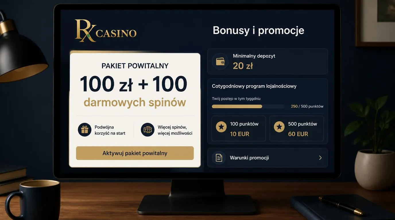 Panel bonusu powitalnego 100 zł i 100 darmowych spinów z minimalnym depozytem 20 zł oraz punktami nagród