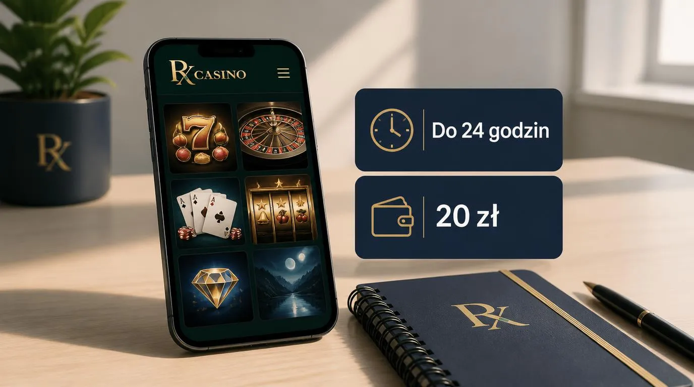 Telefon z katalogiem gier kasynowych obok symbolu zegara i oznaczenia depozytu 20 zł