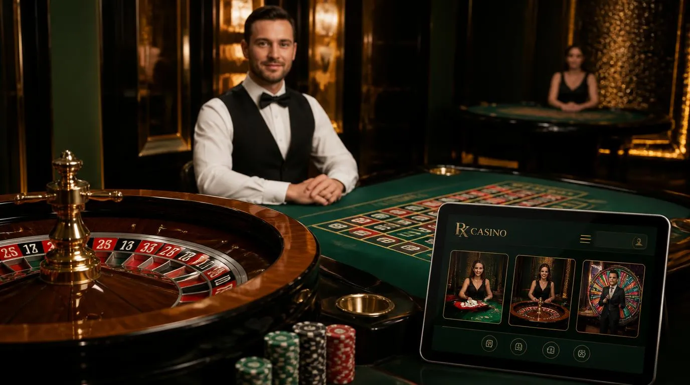Krupier przy stole ruletki oraz ekran z transmisją blackjacka i teleturnieju na żywo