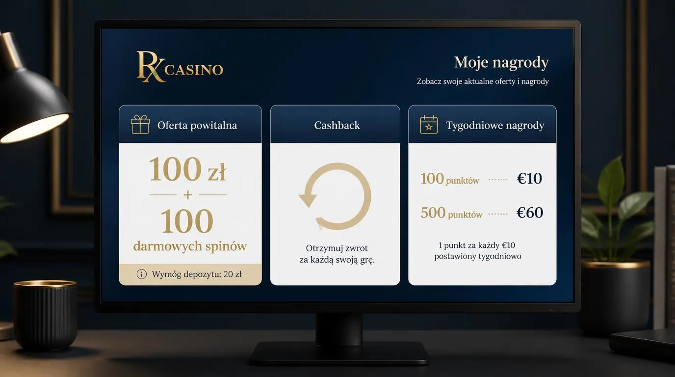 Panel bonusów z ofertą 100 zł i 100 darmowych spinów oraz progami wymiany punktów na nagrody